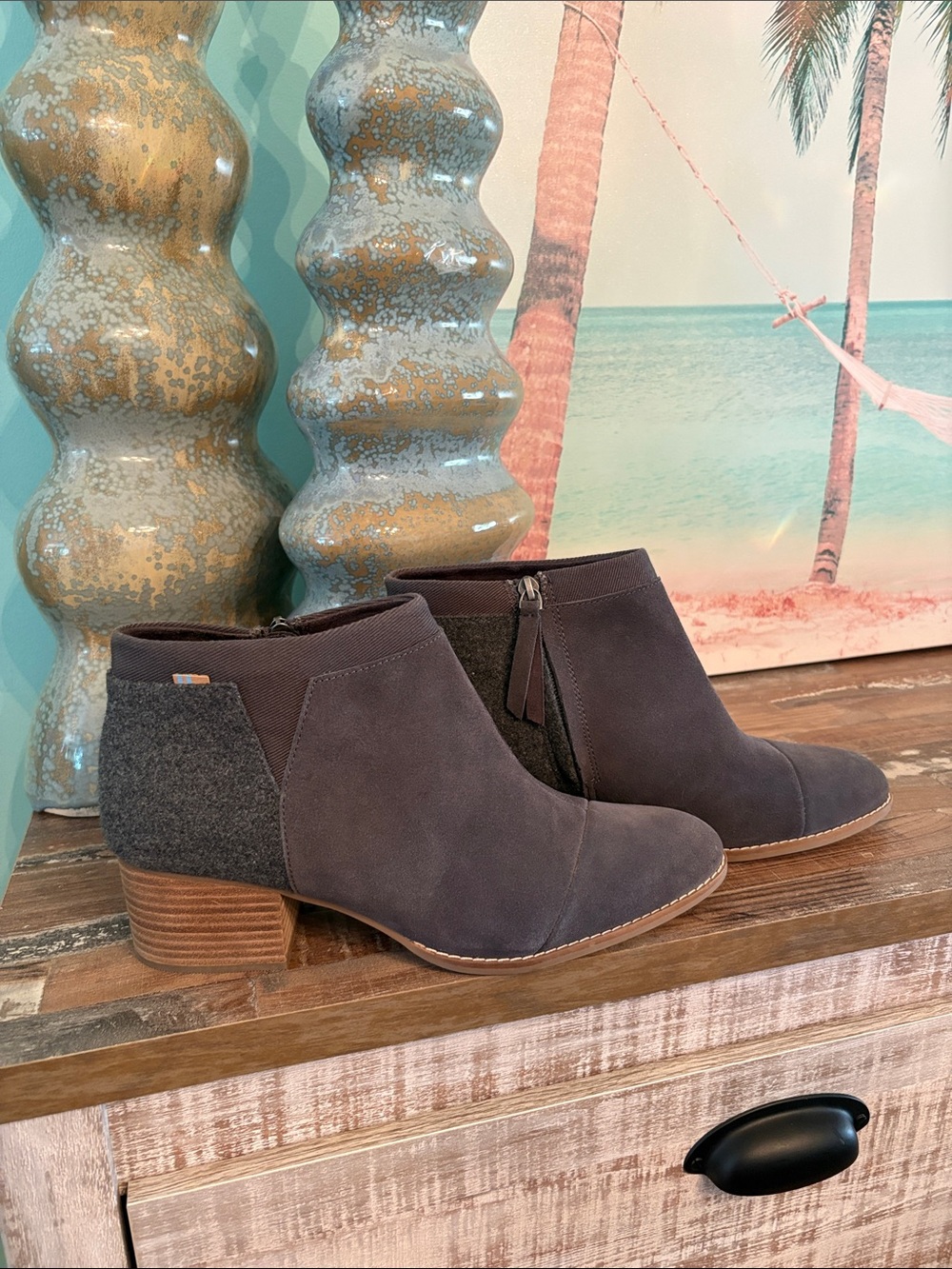 Toms Gray Suede Ankle Booties with Wool-Look Panel